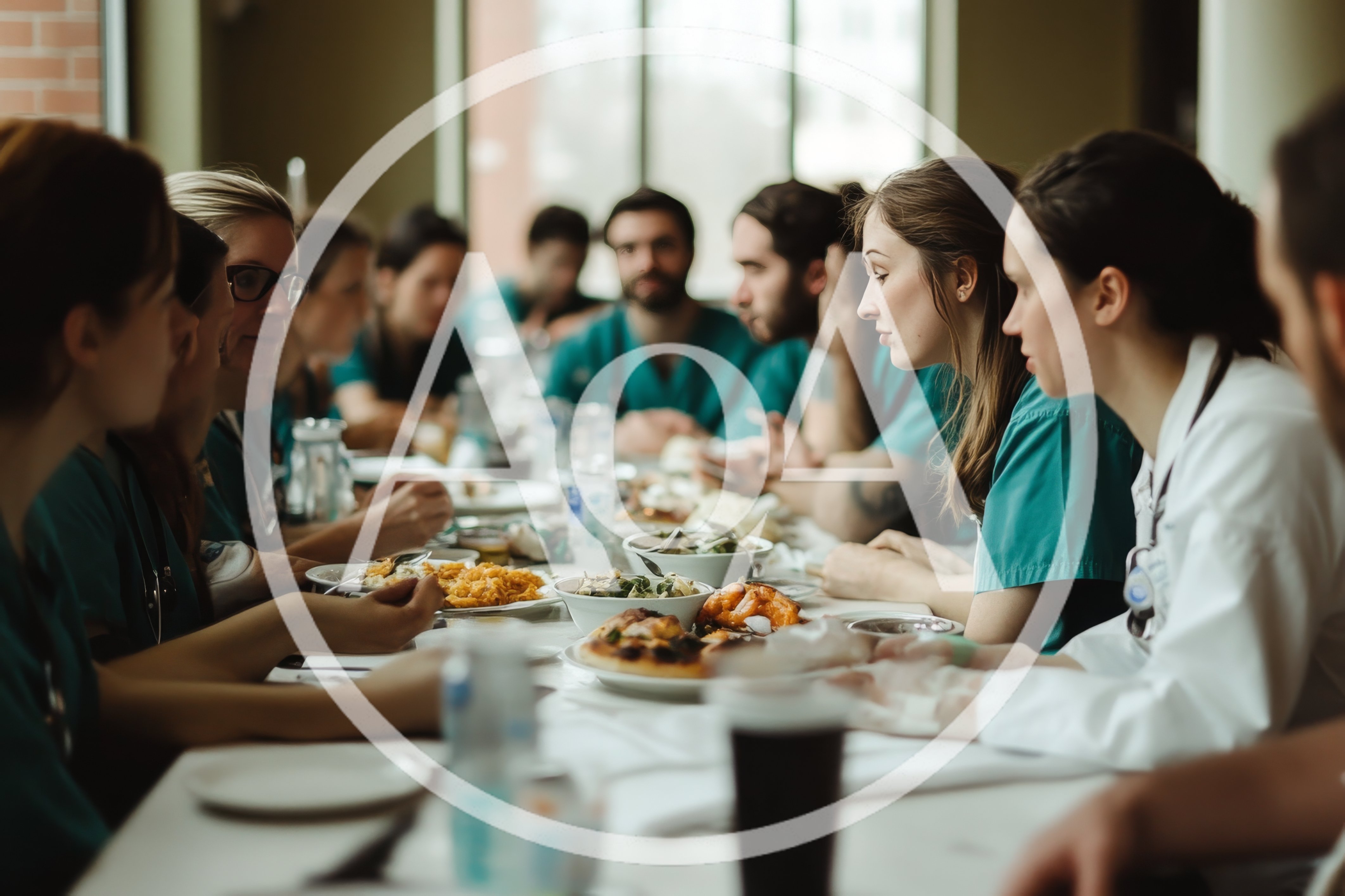 Medical Professionals Having Lunch Together In A Cafeteria
