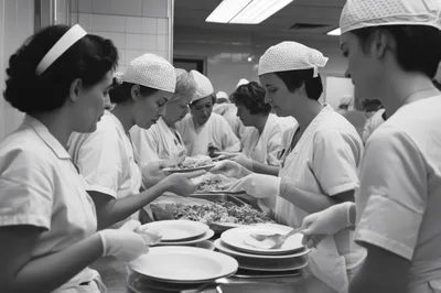 Hospital Staff Serving Meals In A Commercial Kitchen