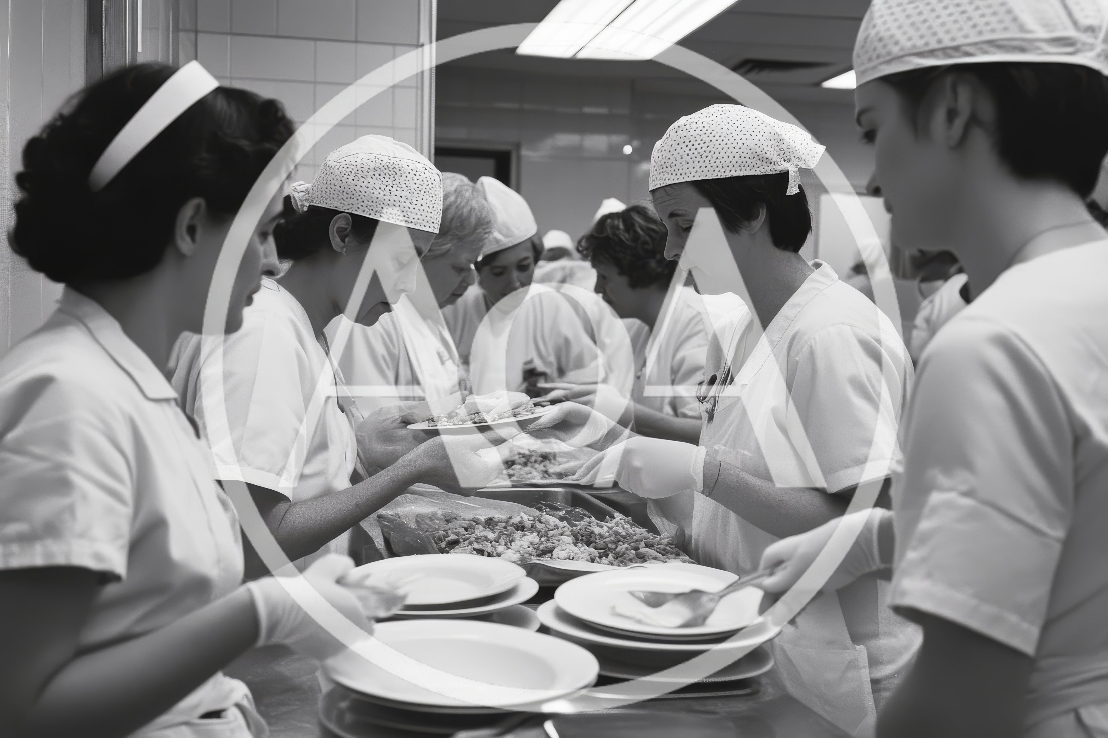 Hospital Staff Serving Meals In A Commercial Kitchen