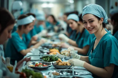 Medical Staff Eating Lunch Together In Hospital Cafeteria