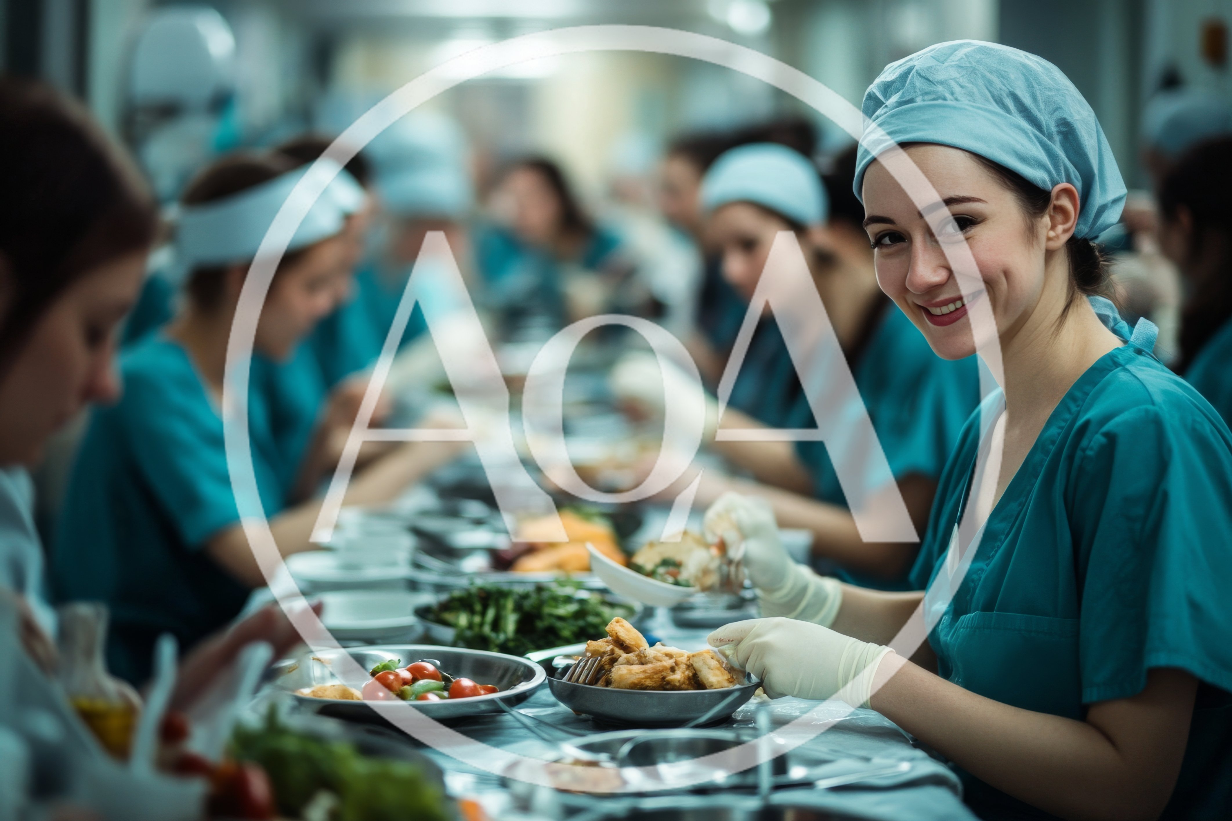 Medical Staff Eating Lunch Together In Hospital Cafeteria