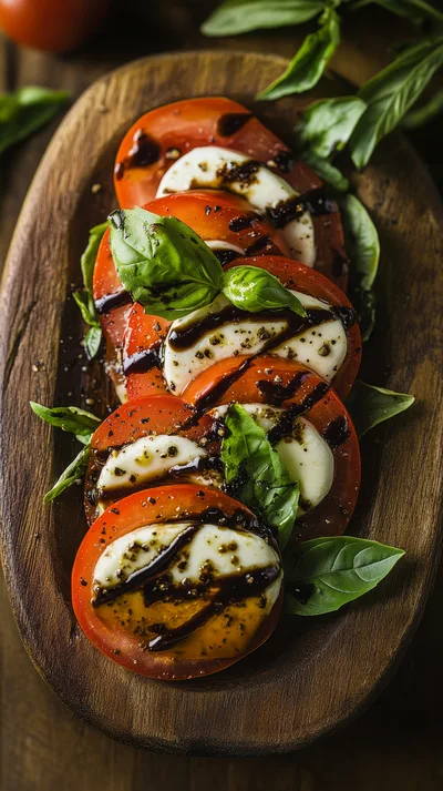 Caprese Salad With Balsamic Glaze On Wooden Platter