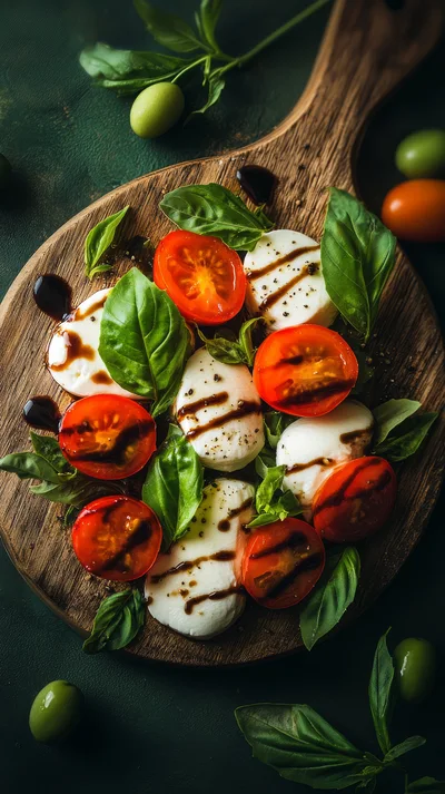 Caprese Salad With Balsamic Glaze On Wooden Board