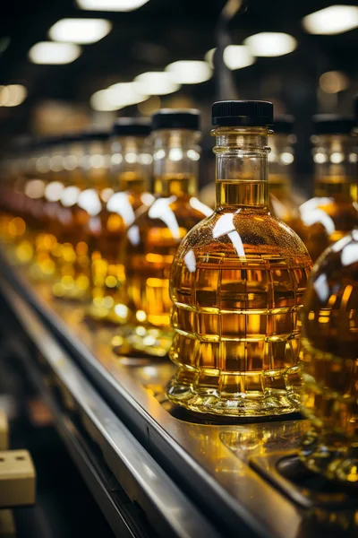 Glass Bottles Filled With Golden Liquid On Conveyor Belt