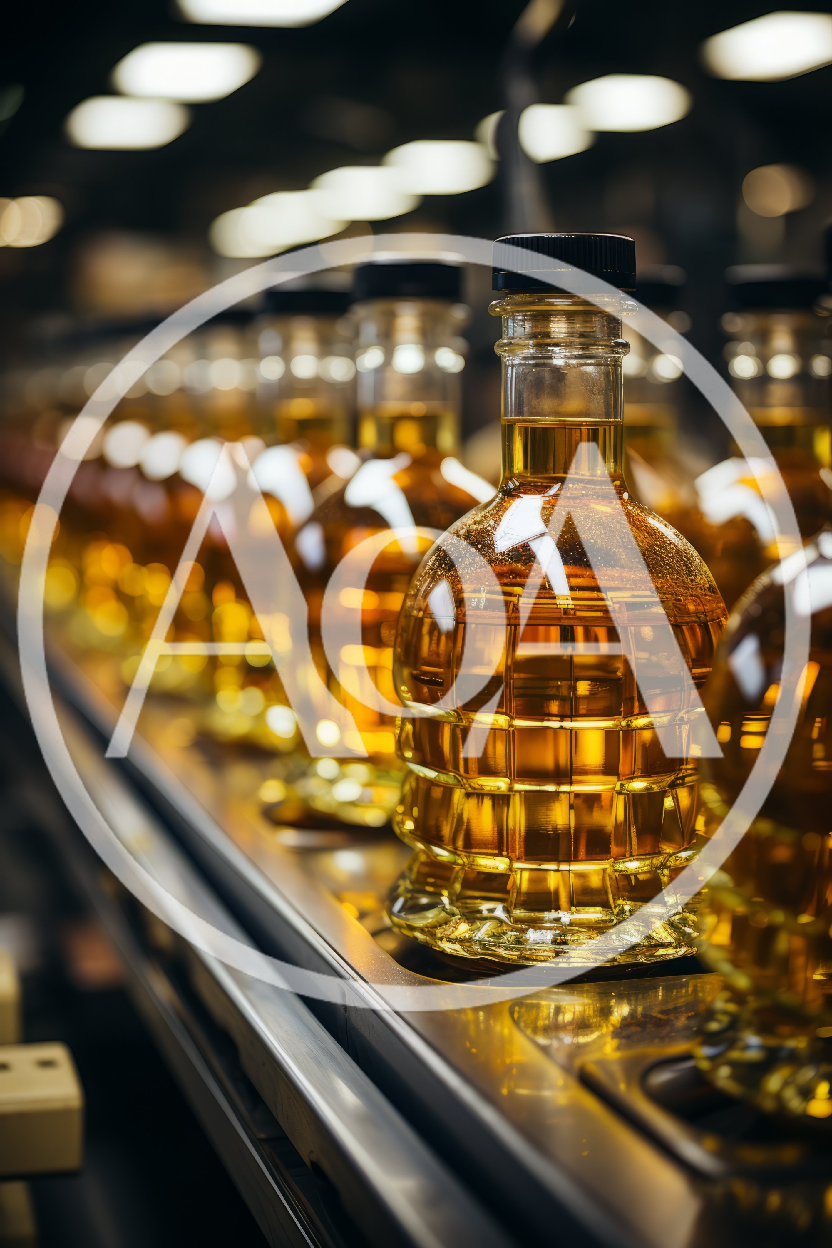 Glass Bottles Filled With Golden Liquid On Conveyor Belt