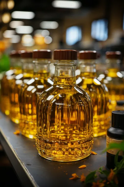 Glass Bottles Of Golden Cooking Oil On Store Shelf