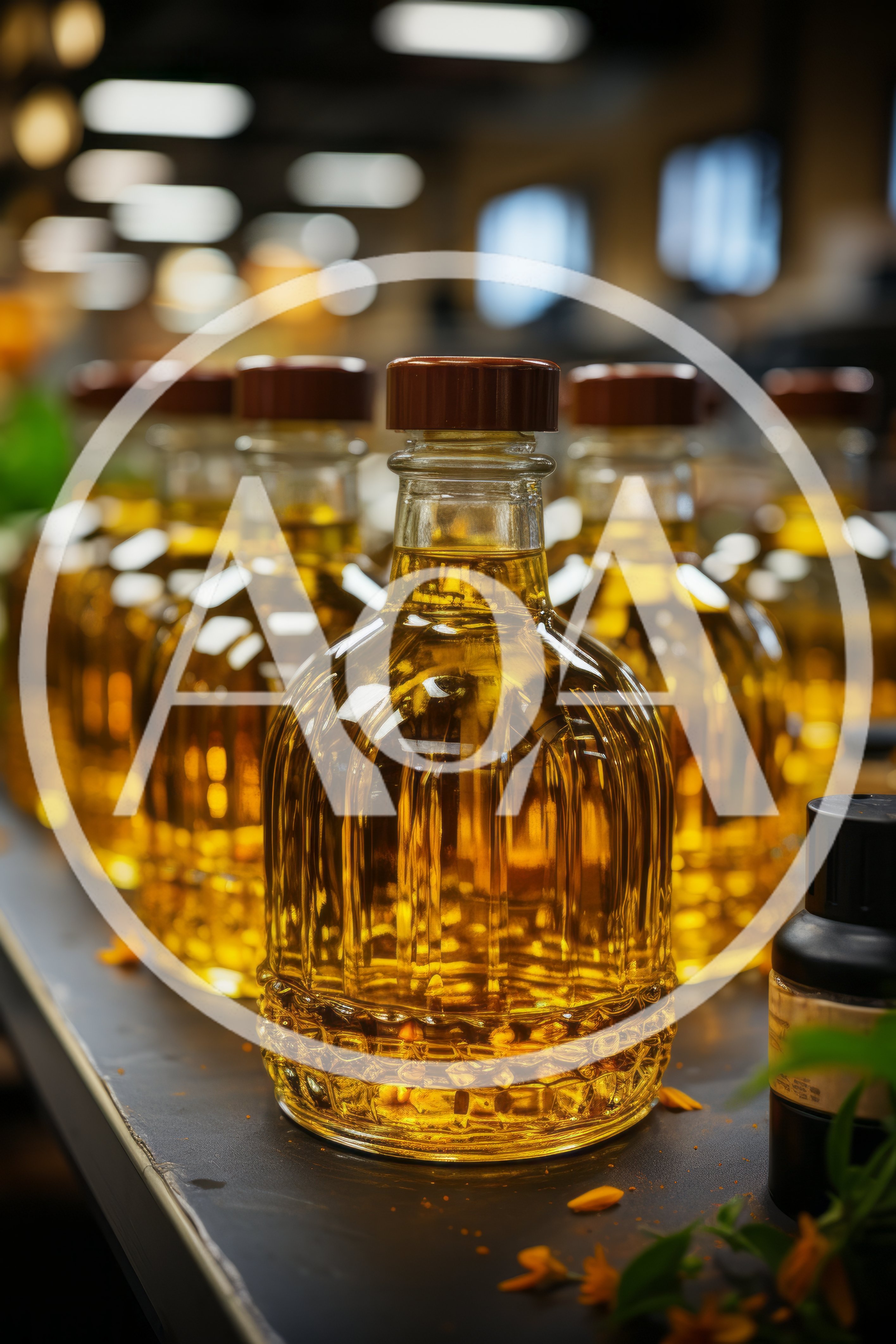 Glass Bottles Of Golden Cooking Oil On Store Shelf