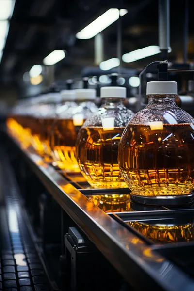 Industrial Production Line Filling Glass Bottles With Golden Liquid