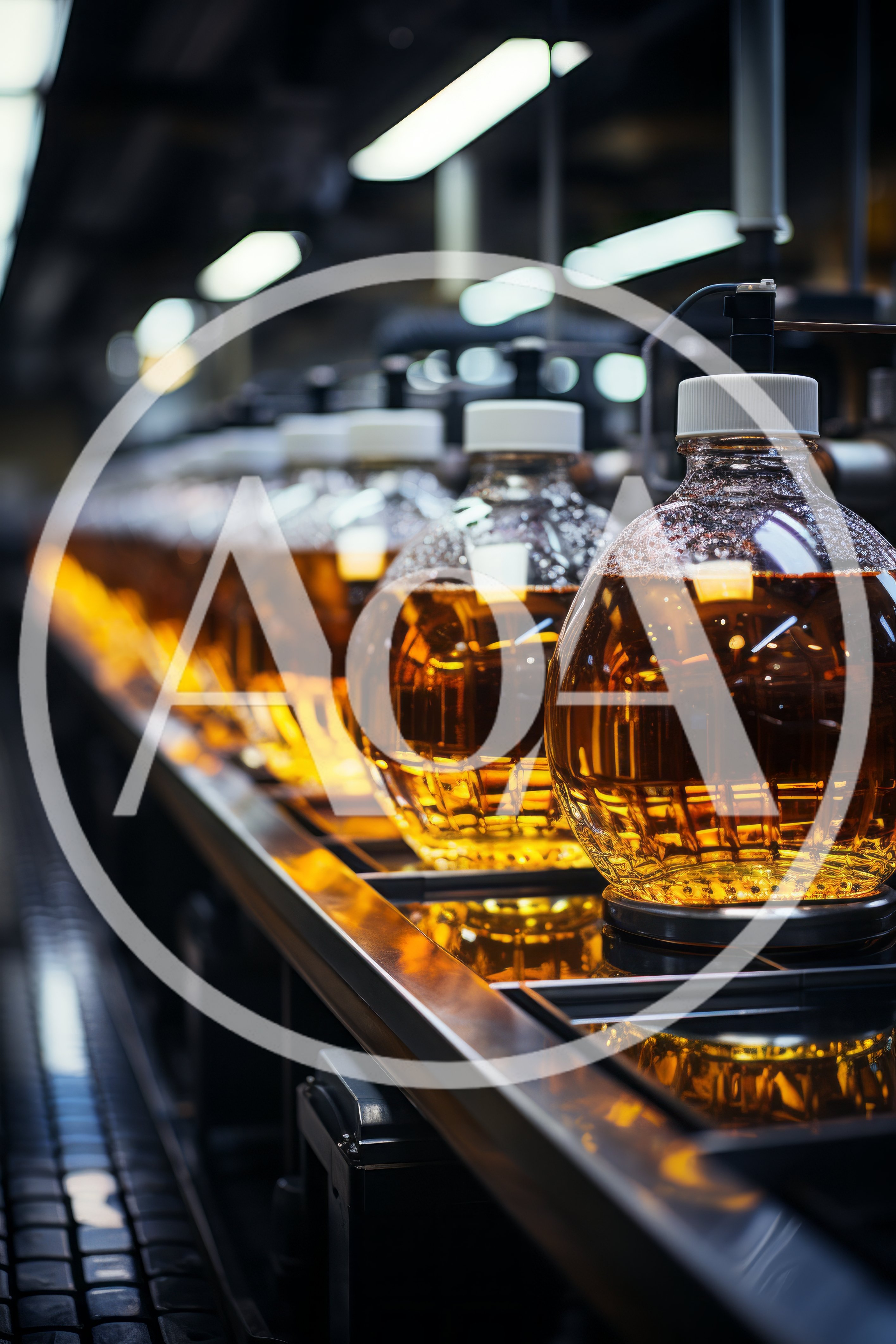 Industrial Production Line Filling Glass Bottles With Golden Liquid