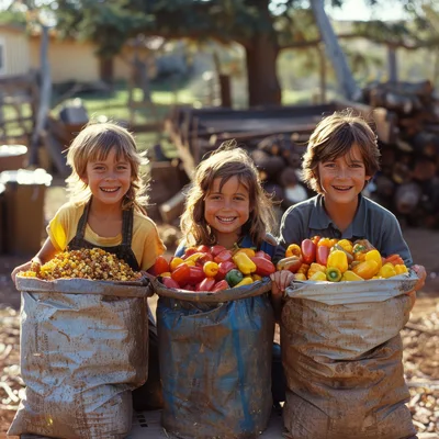 Three Happy Children Harvesting Fresh Vegetables On A Farm