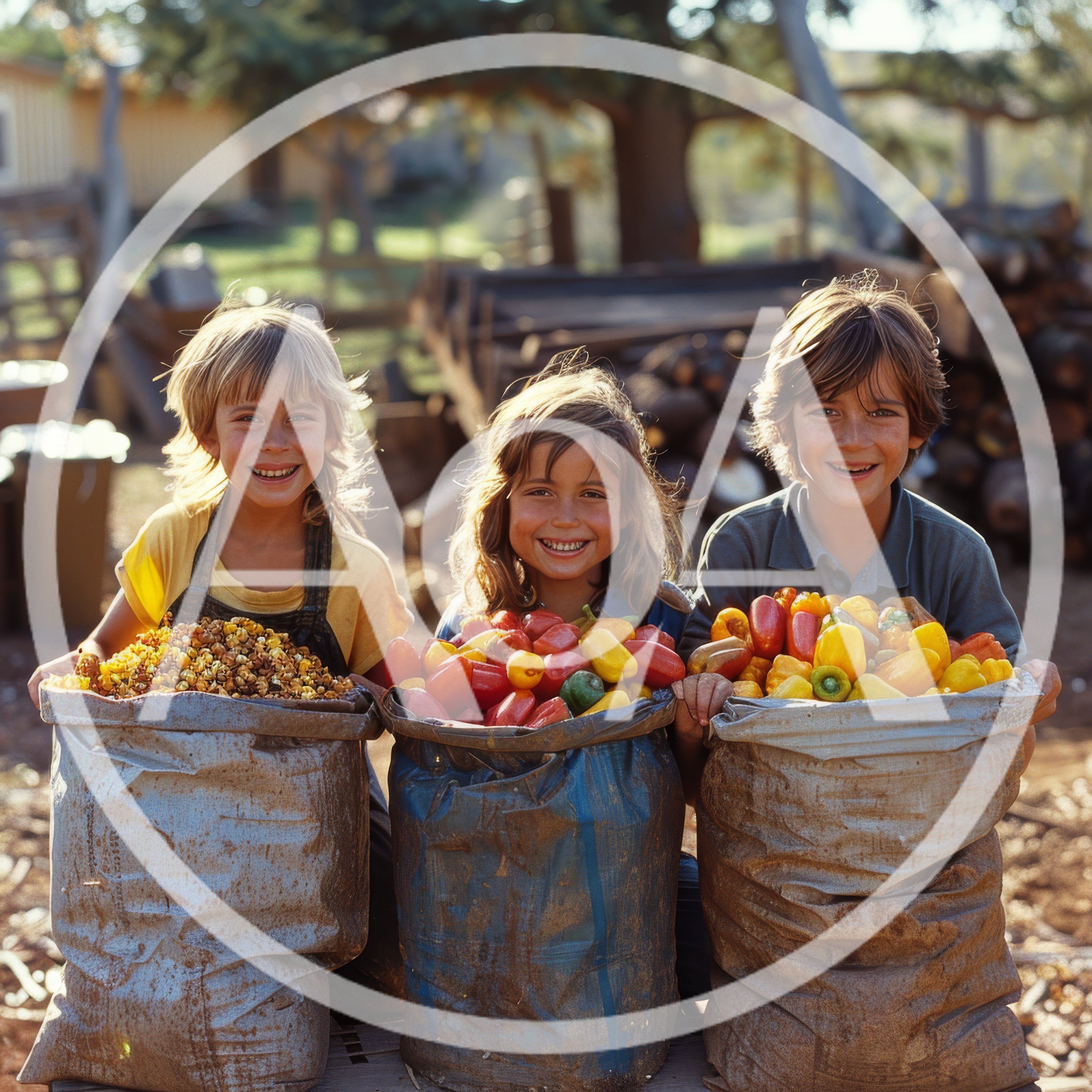 Three Happy Children Harvesting Fresh Vegetables On A Farm
