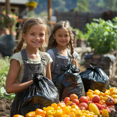 Two Young Girls Harvesting Vegetables in a Garden