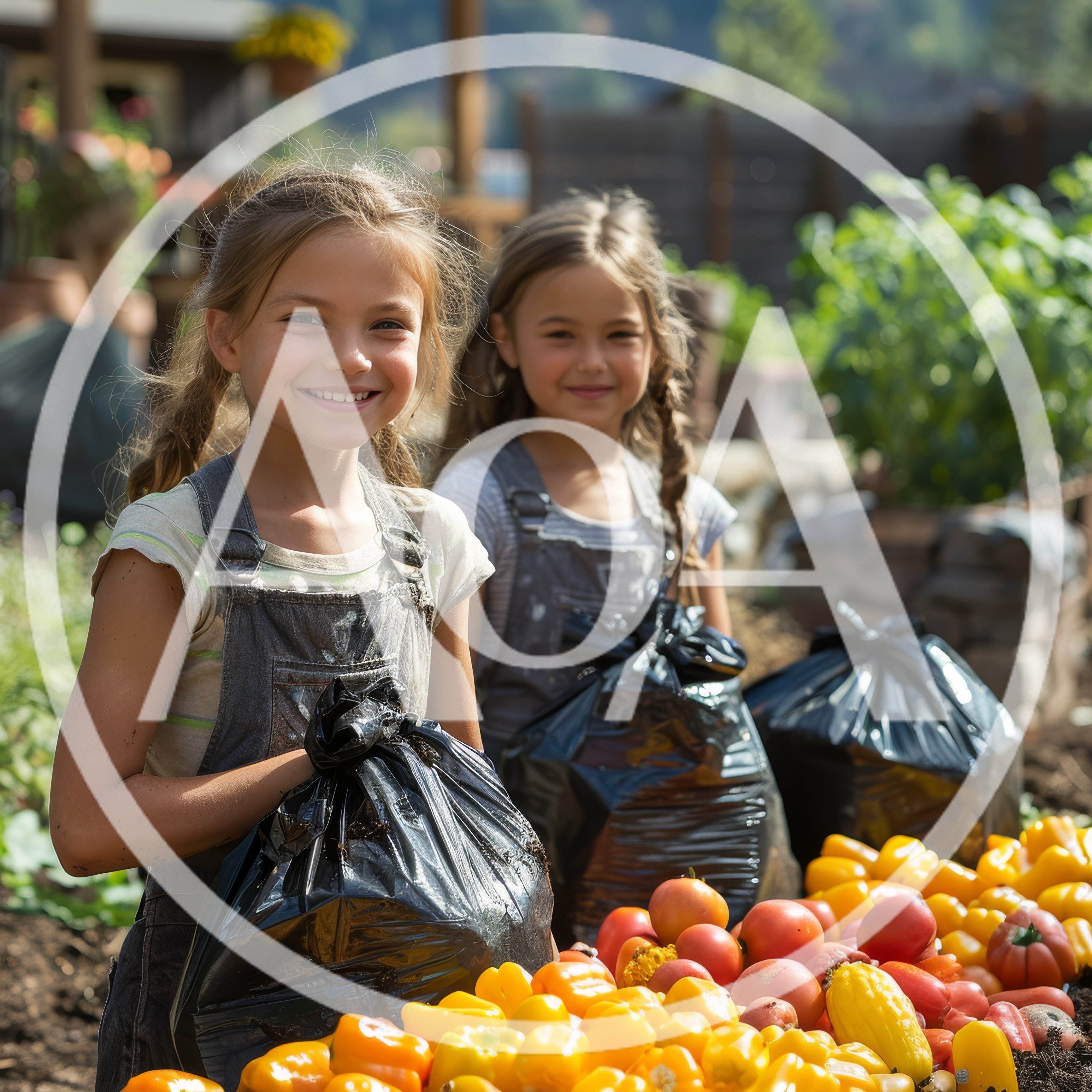 Two Young Girls Harvesting Vegetables in a Garden