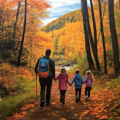 Father Hiking With Three Children In Autumn Forest