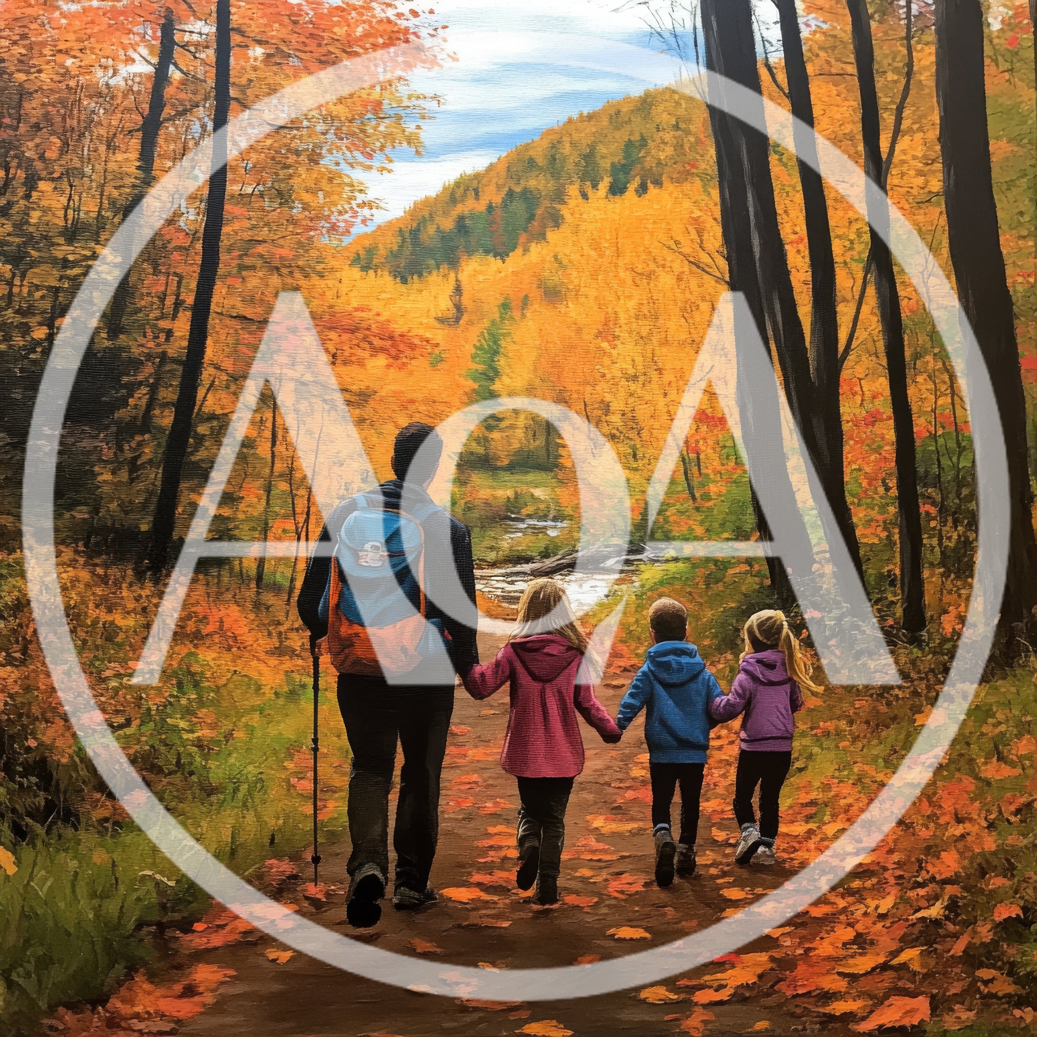 Father Hiking With Three Children In Autumn Forest