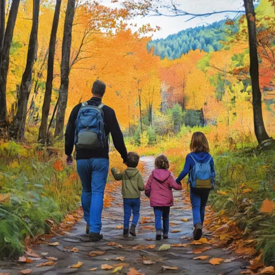 Father Hiking With Three Children On Autumn Trail