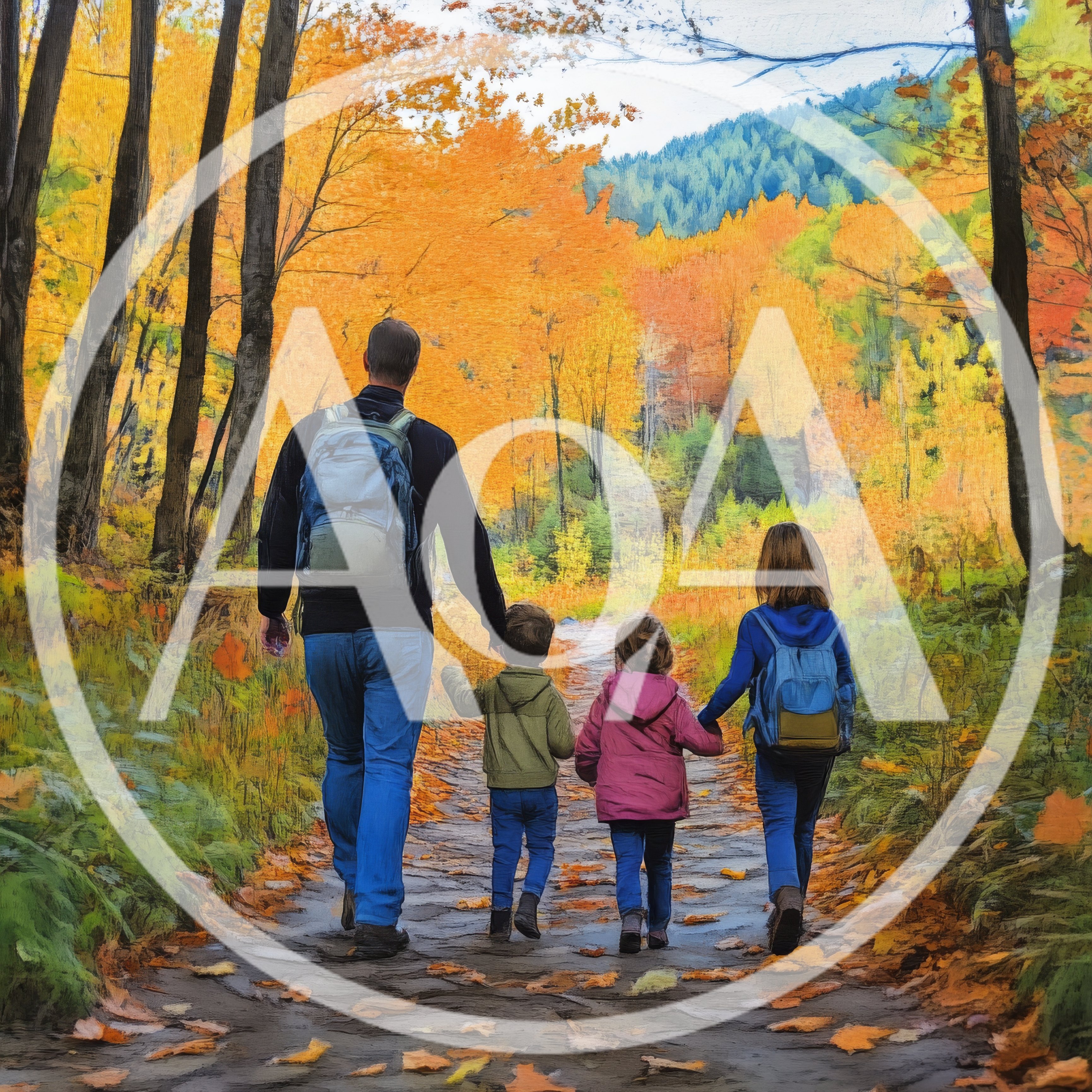 Father Hiking With Three Children On Autumn Trail