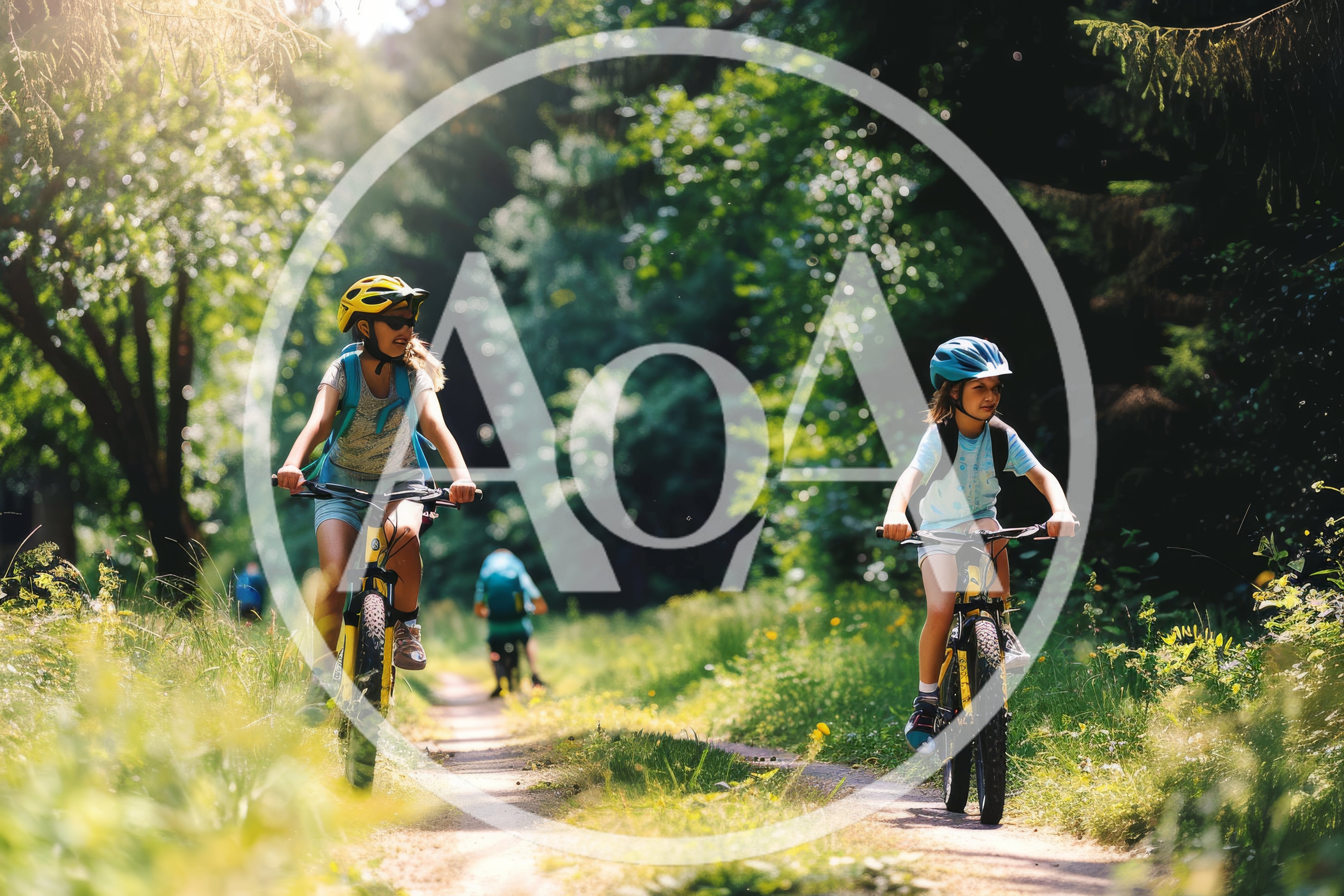Children Cycling Together On A Sunny Forest Trail