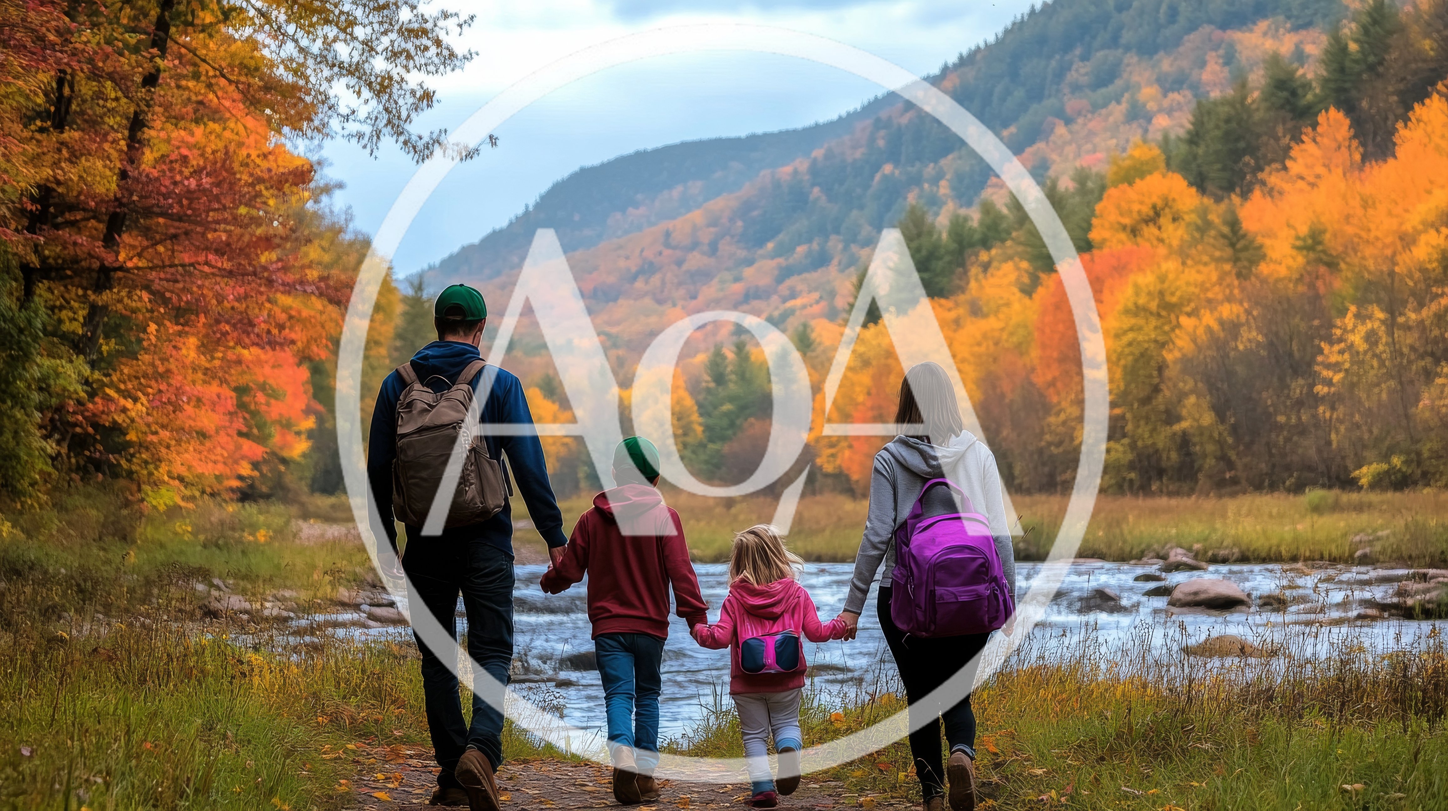 Family Walking Along River During Autumn