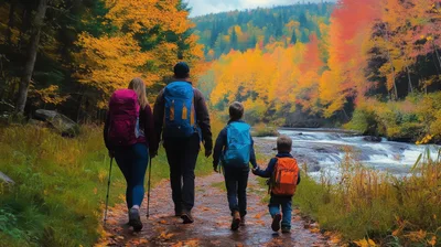 Family Hiking Together Along A Scenic River Trail