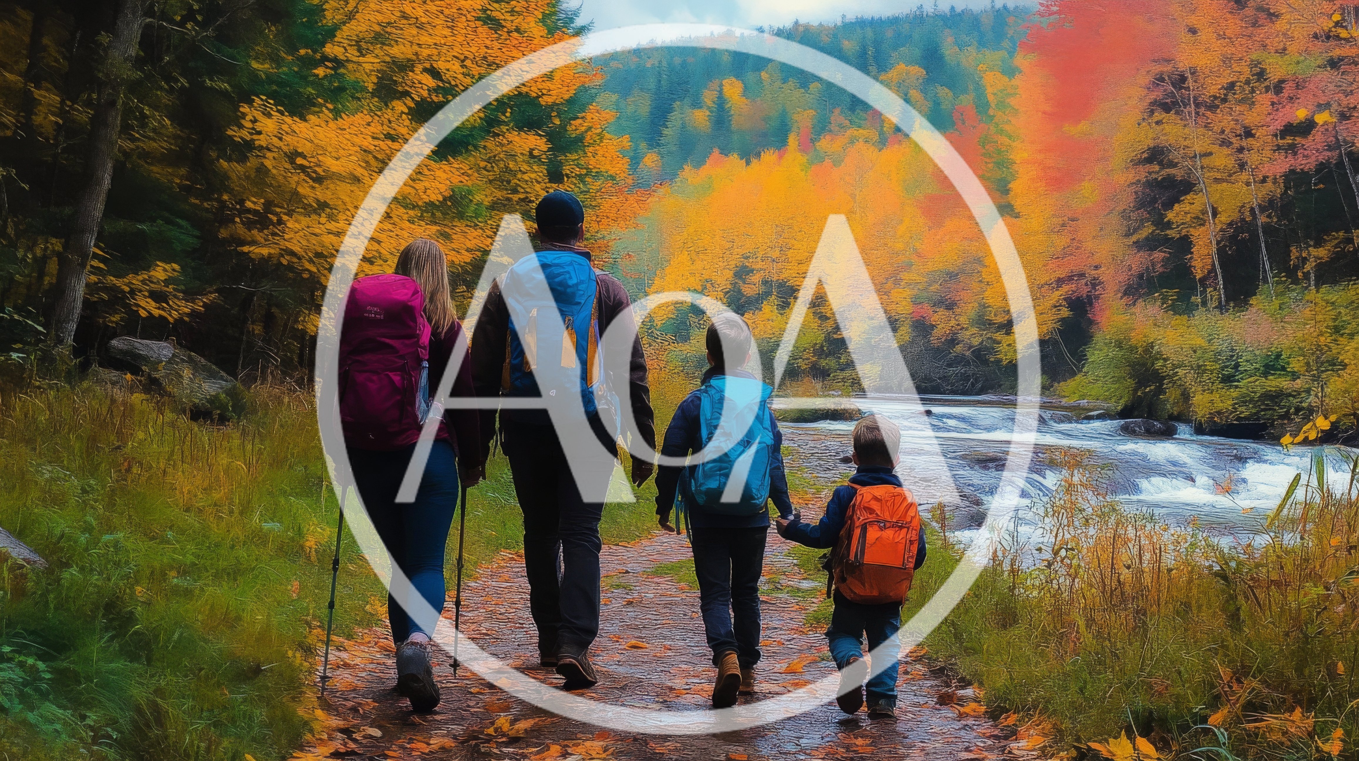 Family Hiking Together Along A Scenic River Trail