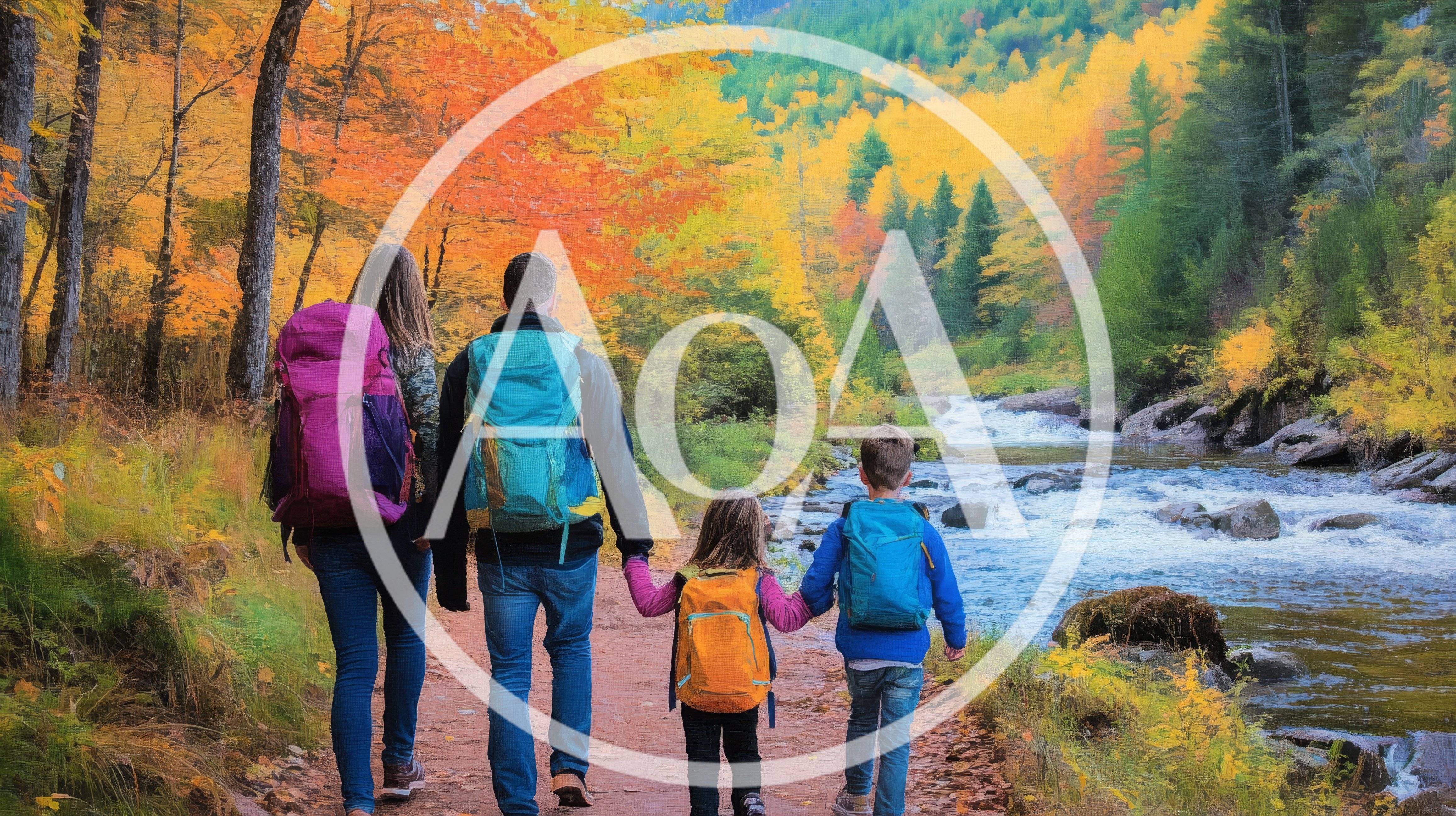 Family Hiking Along A River In Autumn