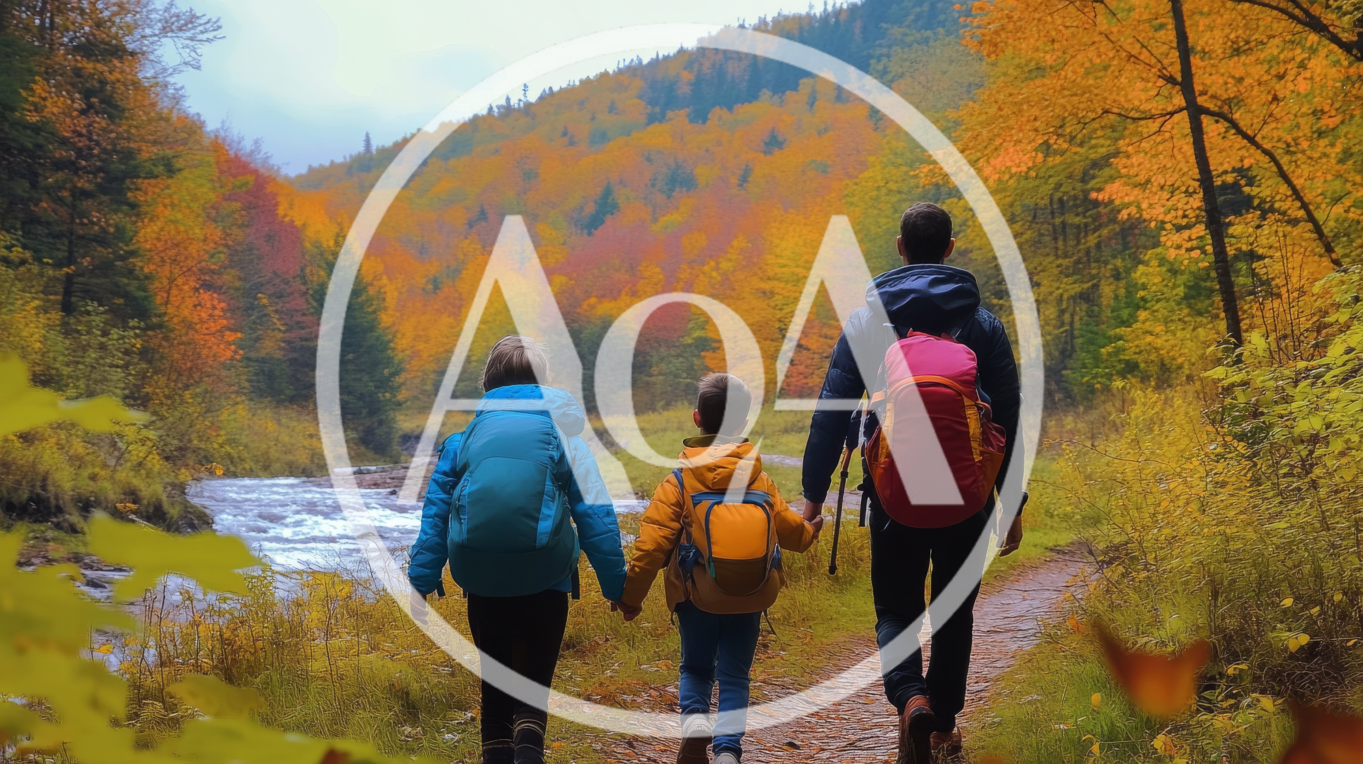 Father And Two Children Hiking In Autumn Forest
