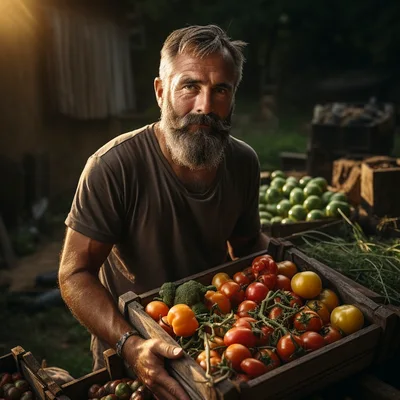 Bearded Farmer Holding A Crate Of Fresh Tomatoes