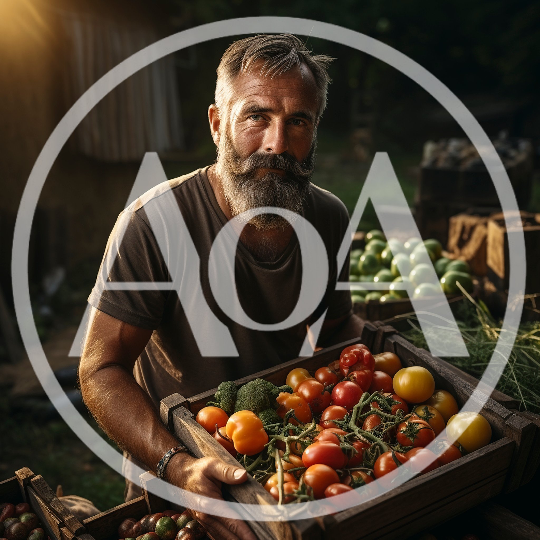 Bearded Farmer Holding A Crate Of Fresh Tomatoes