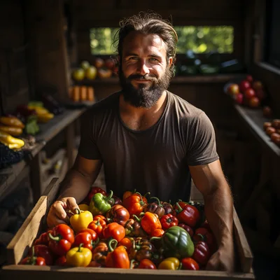 Farmer Holding Crate Of Freshly Harvested Bell Peppers