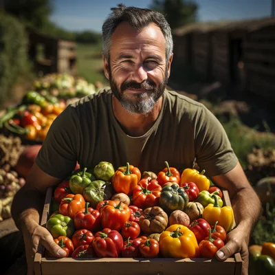 Farmer Holding A Crate Of Freshly Harvested Bell Peppers