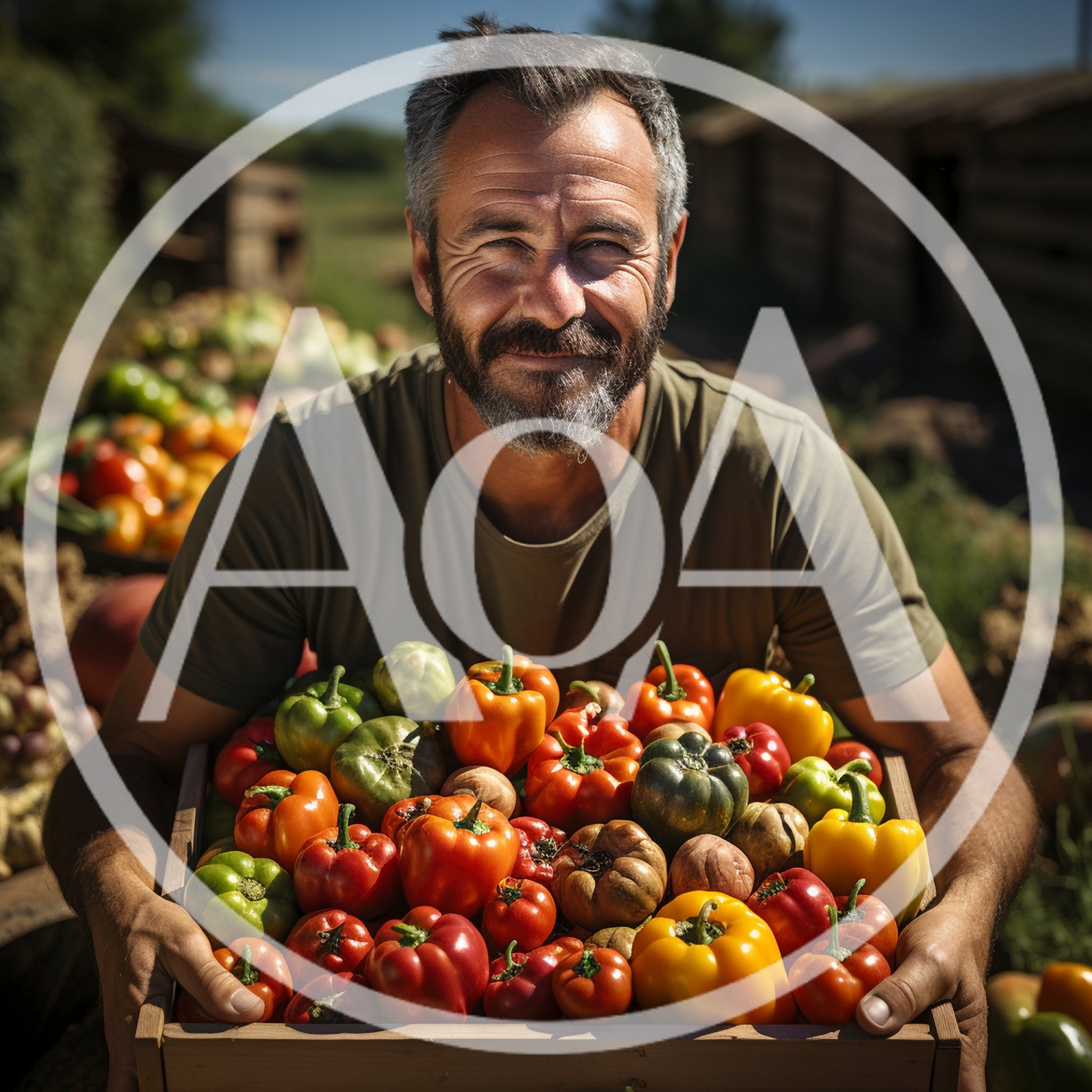 Farmer Holding A Crate Of Freshly Harvested Bell Peppers