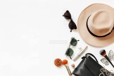 Flat Lay Fashion Accessories and Cosmetics on White Background
