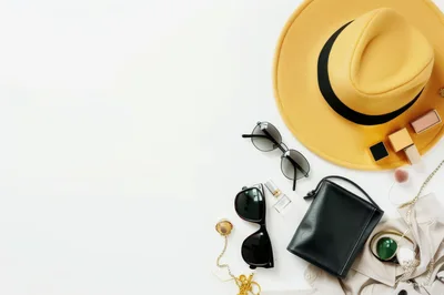 Flat Lay Fashion Accessories With Yellow Hat And Handbag