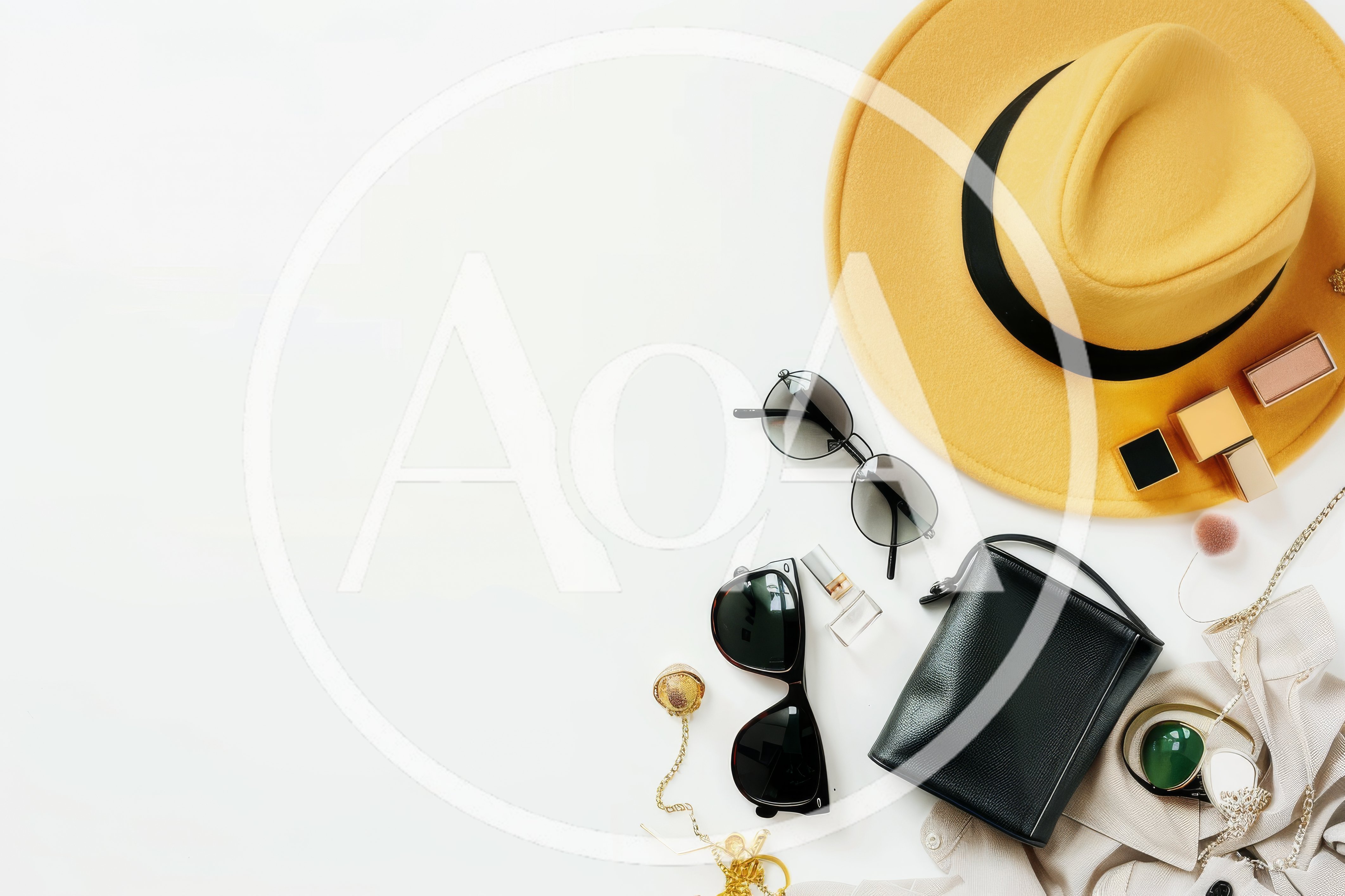 Flat Lay Fashion Accessories With Yellow Hat And Handbag