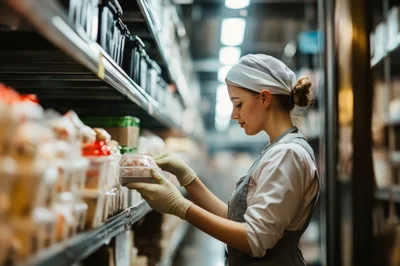 Female Warehouse Worker Organizing Food Products On Shelves
