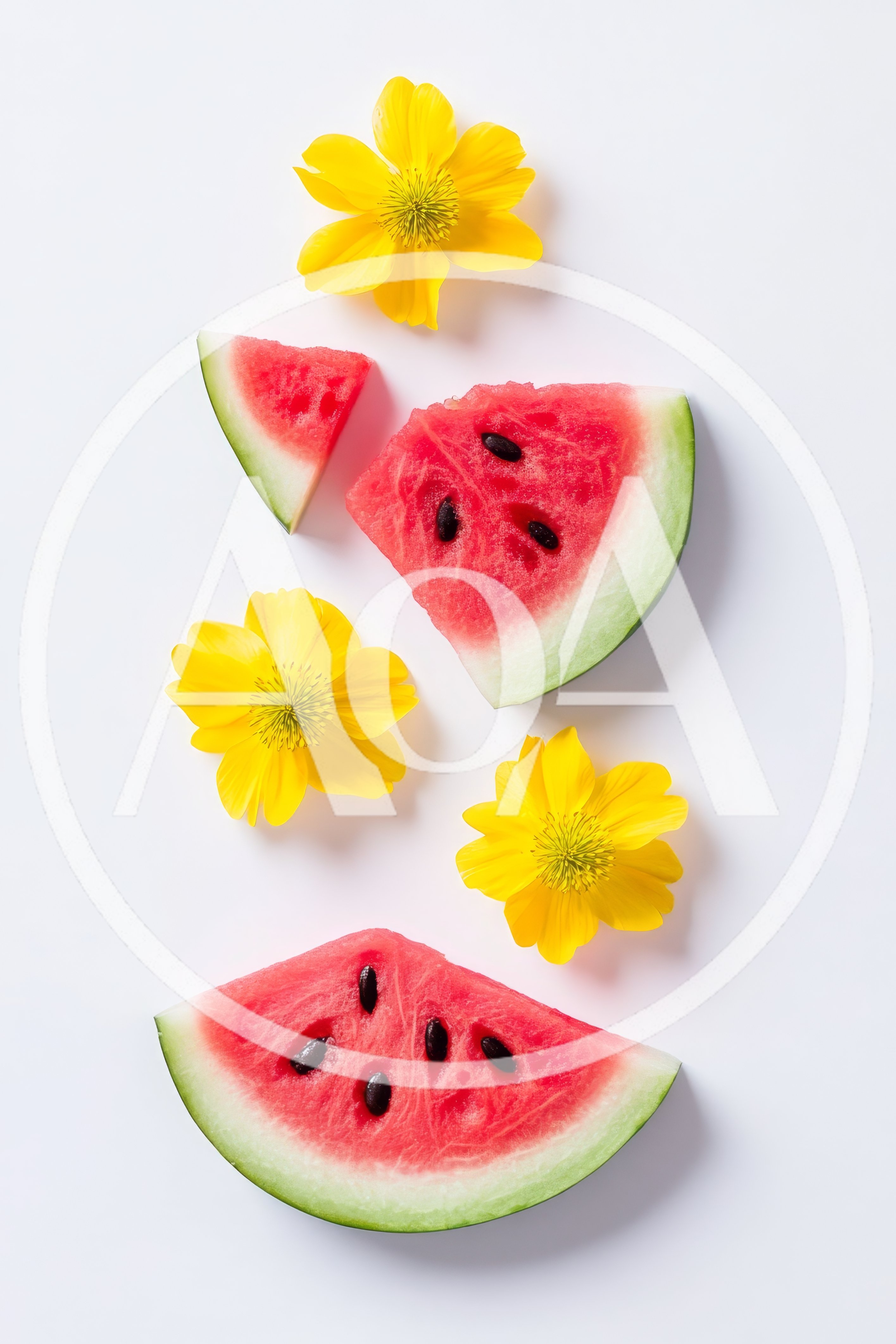 Watermelon Slices and Yellow Flowers on White Background