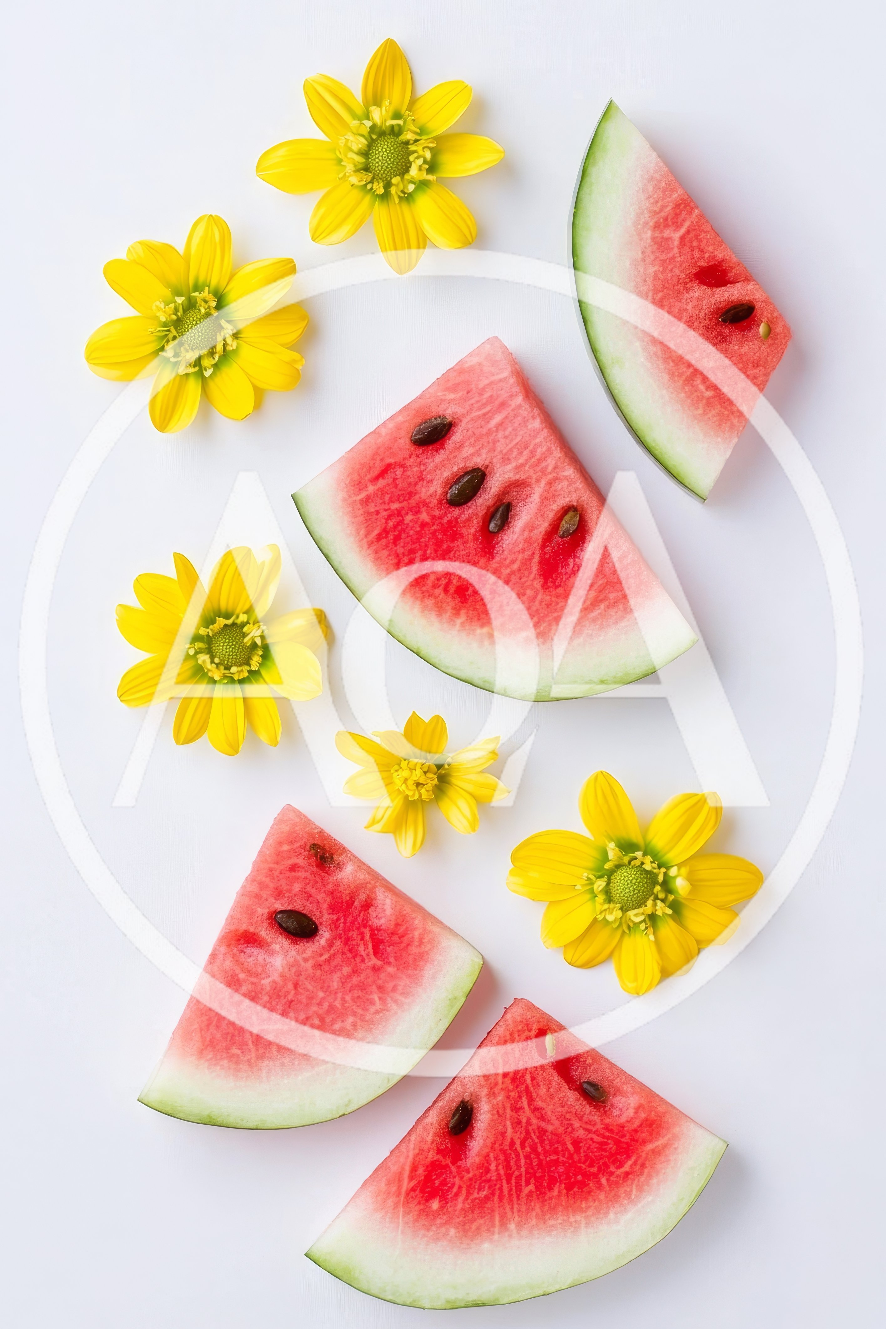 Watermelon Slices and Yellow Flowers on White Background