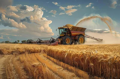 Combine Harvester Working In A Golden Wheat Field