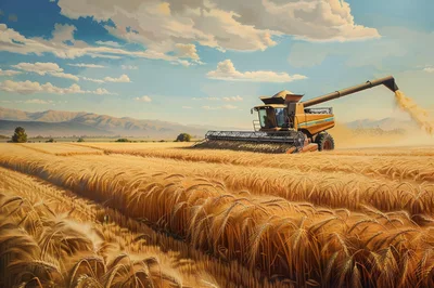 Combine Harvester Working In A Golden Wheat Field