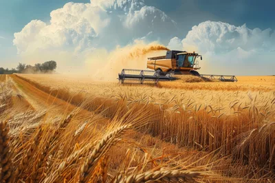 Combine Harvester Working In A Golden Wheat Field