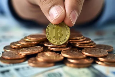 Hand Holding Gold Bitcoin Coin Over Copper Coins