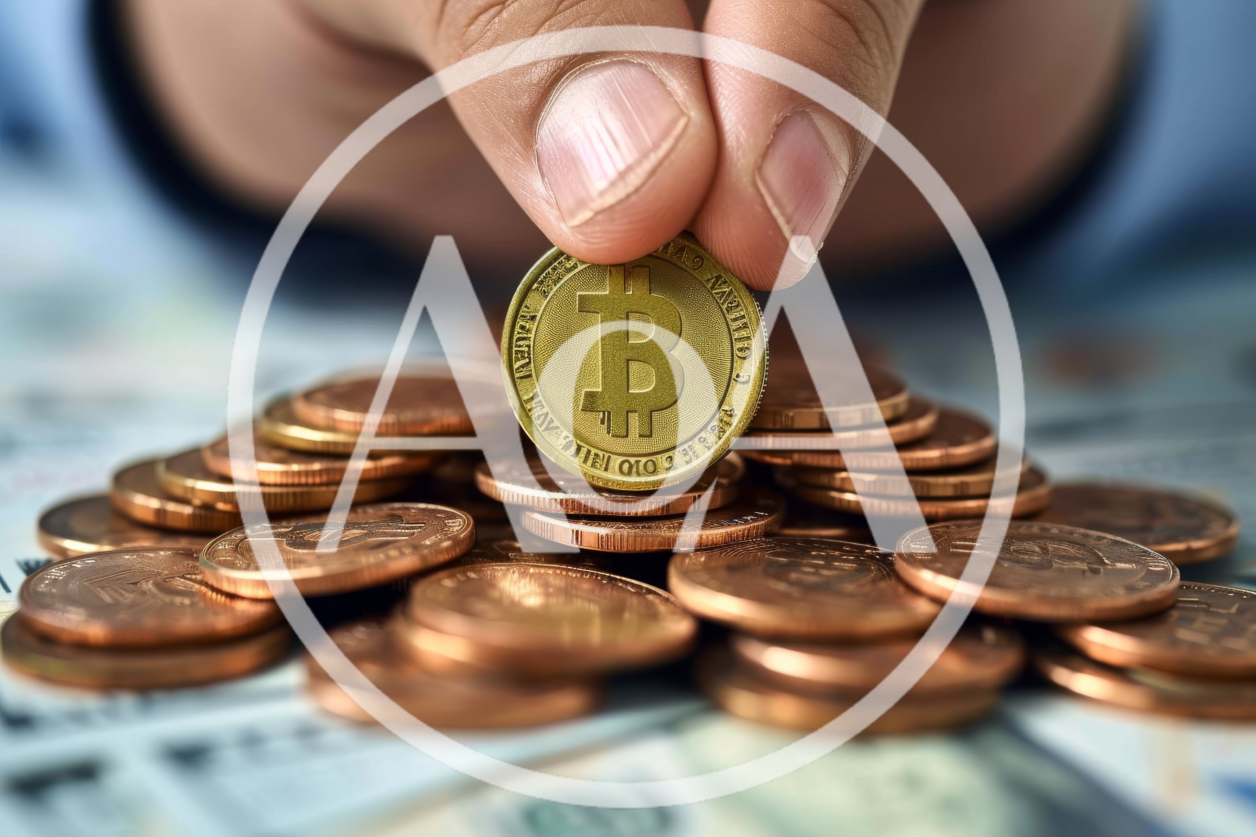Hand Holding Gold Bitcoin Coin Over Copper Coins