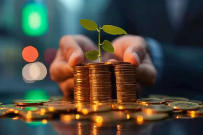 Hands Protecting A Small Plant Growing From Gold Coins