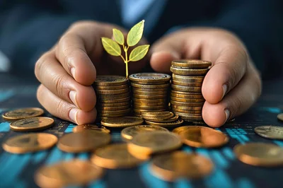 Hands Protecting Stacks Of Gold Coins With Small Plant