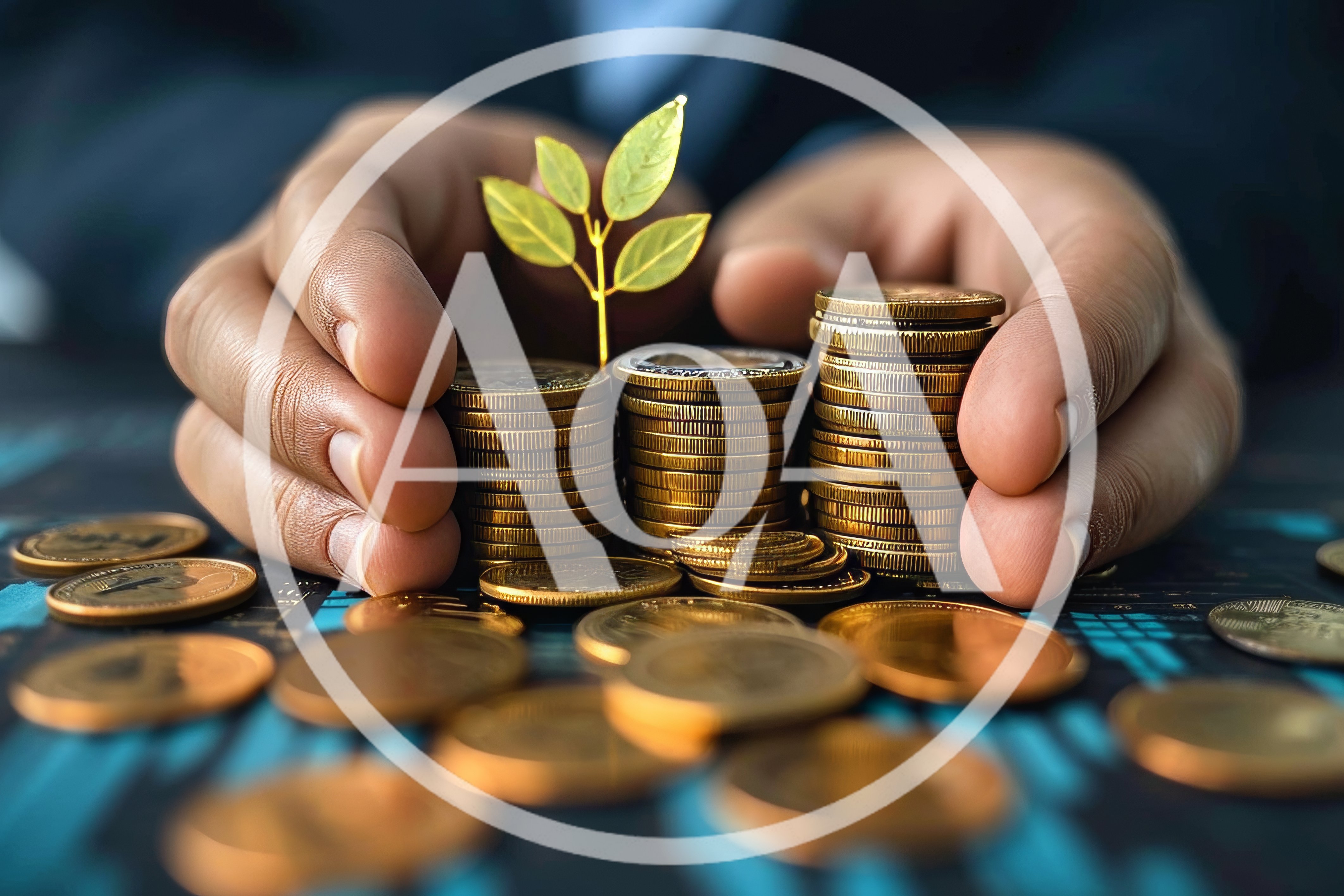 Hands Protecting Stacks Of Gold Coins With Small Plant