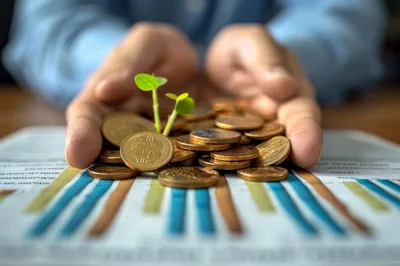 Hands Protecting Growing Plant Sprout On Gold Coins