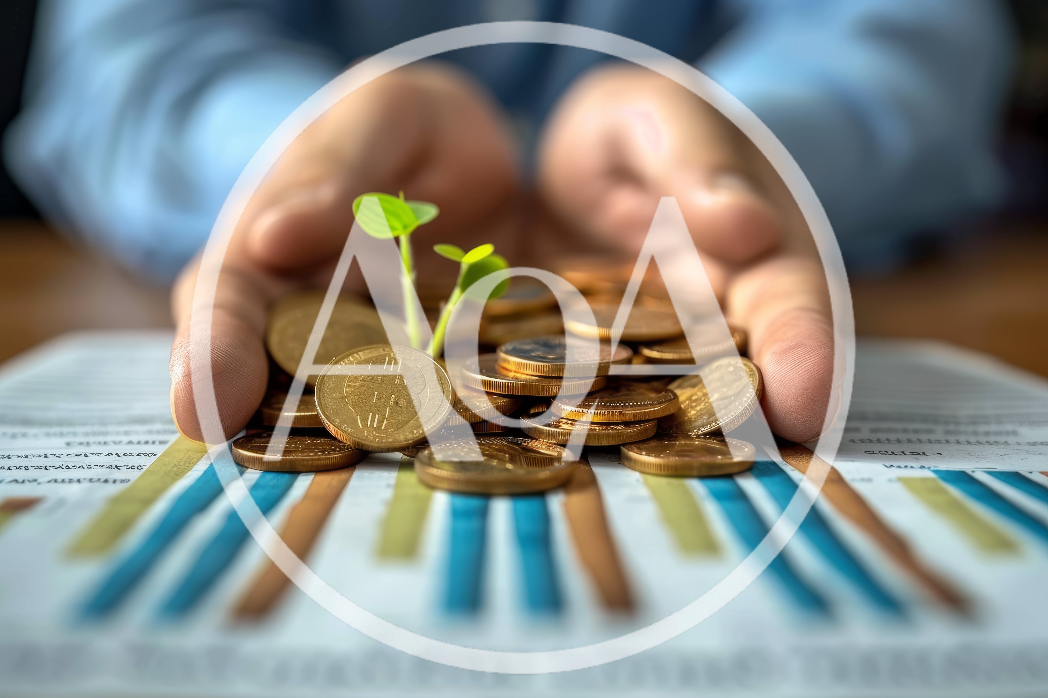 Hands Protecting Growing Plant Sprout On Gold Coins