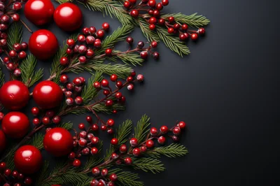 Christmas Holiday Decoration With Red Ornaments And Berries