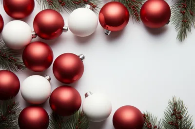 Christmas Ornaments and Pine Branches on White Background